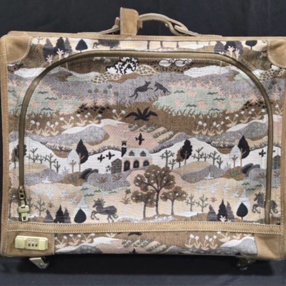 Vintage French Luggage Countryside Tapestry Suitcase with Unicorn design & cover